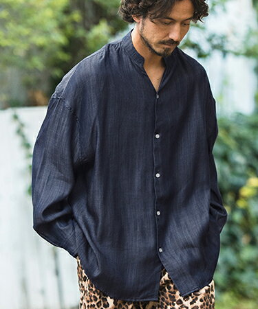 Silky Denim Band Collar Skipper Shirts シャツ(MIU-241-003)