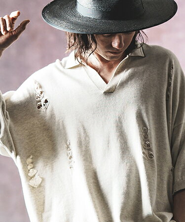 【GLIMCLAP(グリムクラップ)】 distressed short-sleeve polo shirt sweater ポロシャツ(16-079-gls-ce)