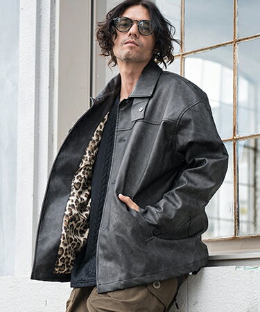 【CAMBIO(カンビオ)】Vintage Like Synthetic Leather Half Coat レザーコート(MIU-242-035)