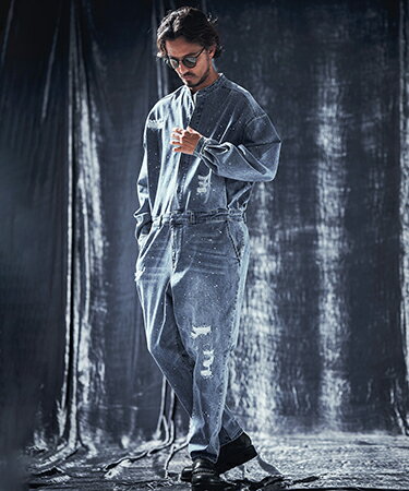 【ANGENEHM(アンゲネーム)】Used processing denim all-in-one デニムオールインワン(AG03-073ace)
