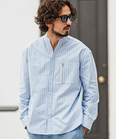 【felkod(フィルコッド)】Zip Pocket Stripe Band collar Shir