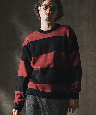 Mid-gauge crewneck border sweater-Distressed for a vintage look- クルーネックニット(19-026-gla-cf)