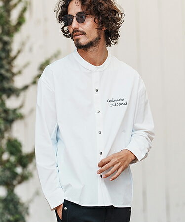 Rakuten - 【1minute 1second(ワンミニットワンセカンド)】cursive embroidery nylon jersey shirt スタンドカラーシャツ(1M26H020)
