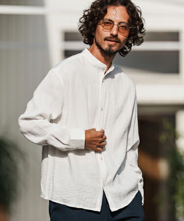 【1minute 1second(ワンミニットワンセカンド)】long sleeve linen like shirt スタンドカラーシャツ(1M26H160)