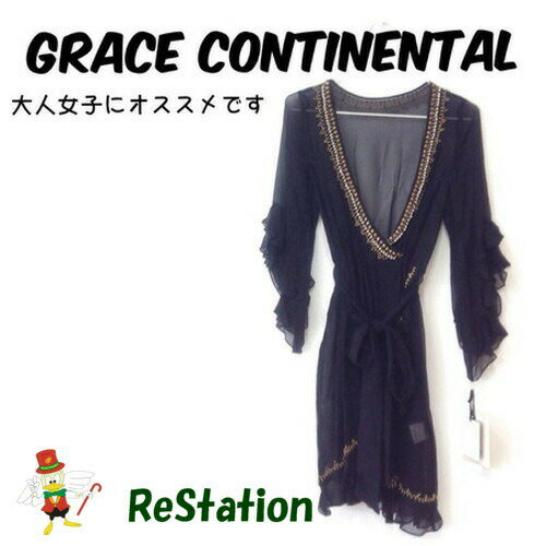 乐天商城 - 【中古】【送料無料】Diagram GRACE CONTINENTAL ダイアグラム グレースコンチネンタル ラップ刺繍ワンピース シルク 膝丈 ブラック レディース サイズ36