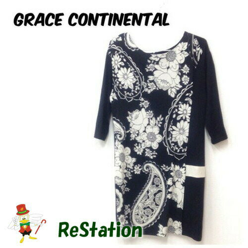 Rakuten - 【中古】【送料無料】グレースコンチネンタル GRACE CONTINENTAL 七分袖 フラワープリントワンピース ブラック レディース サイズ36