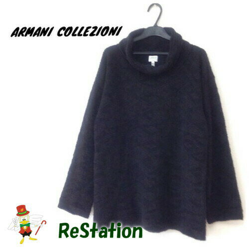 【中古】【送料無料】アルマーニコレッツォーニ ARMANI COLLEZIONI 長袖 ニット ハイネック 幾何学模様 ブラック メンズ サイズ52