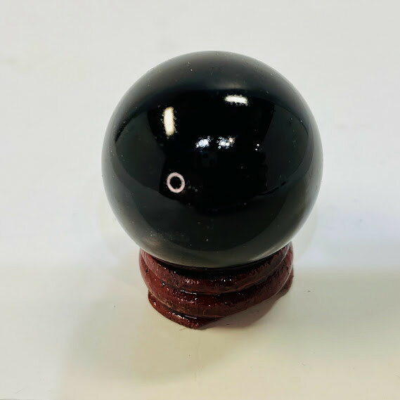 【未使用】ガラス玉不透明黒色35木製台座付き 風水 縁起物 置物 [2]