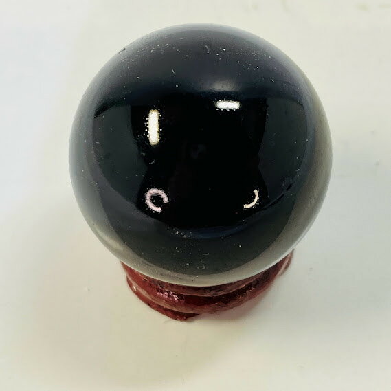 【未使用】ガラス玉不透明黒色35木製台座付き 風水 縁起物 置物 [3]