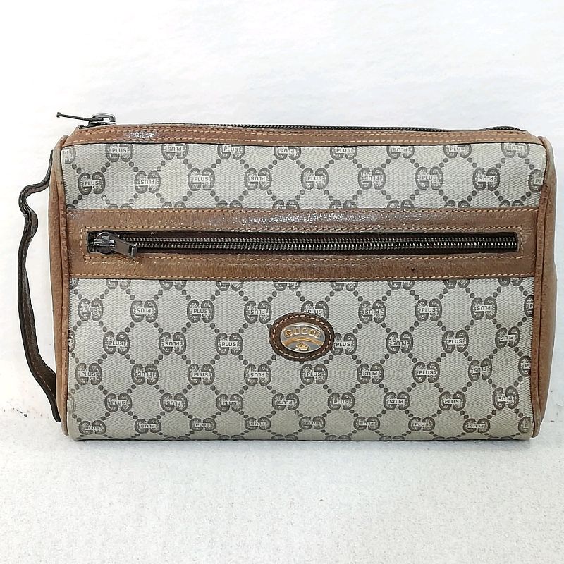 【中古】GUCCI PLUS グッチ GGプラス セカンドバッグ ブラウン×PVCレザー