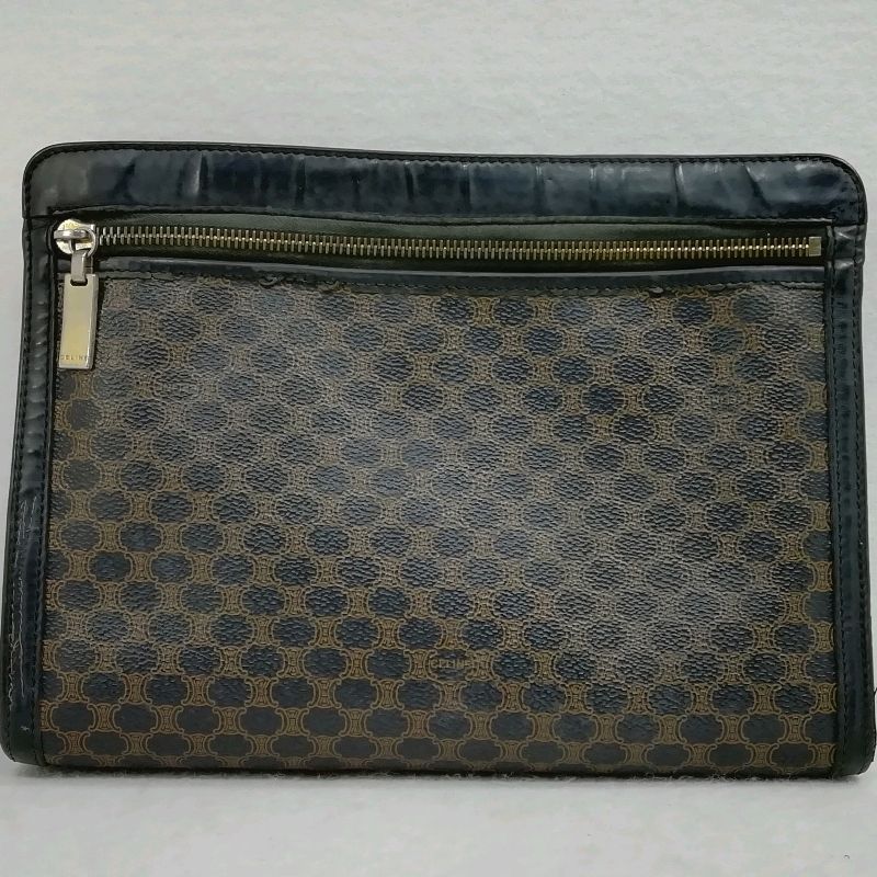 【中古】セリーヌ マカダム柄 ブラック系×PVCレザー セカンドバッグ★ジャンク