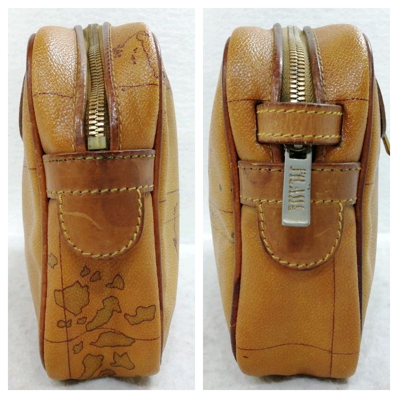 【中古】プリマクラッセ セカンドバッグ 世界地図柄 キャメル×PVCレザー