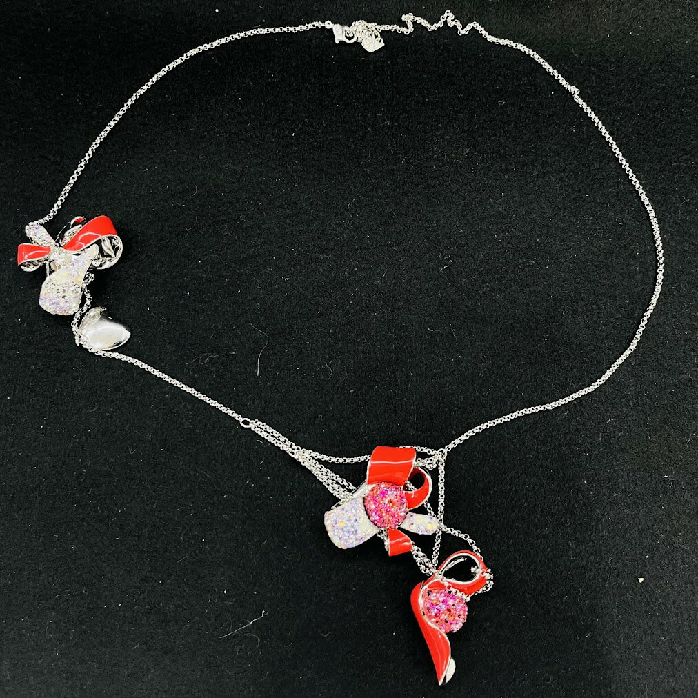 【中古】スワロフスキー ガーネット リボンデザイン ネックレス ピンクハート　ガーネット　993876　箱しおり付き