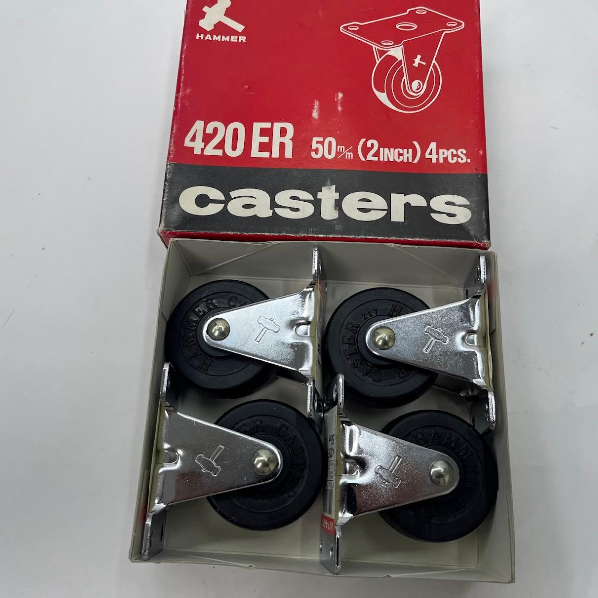 【未使用】ハンマーキャスター 固定 ゴム車輪 (プレートE型タイプ) ER-R　420ER-R50　4個セット