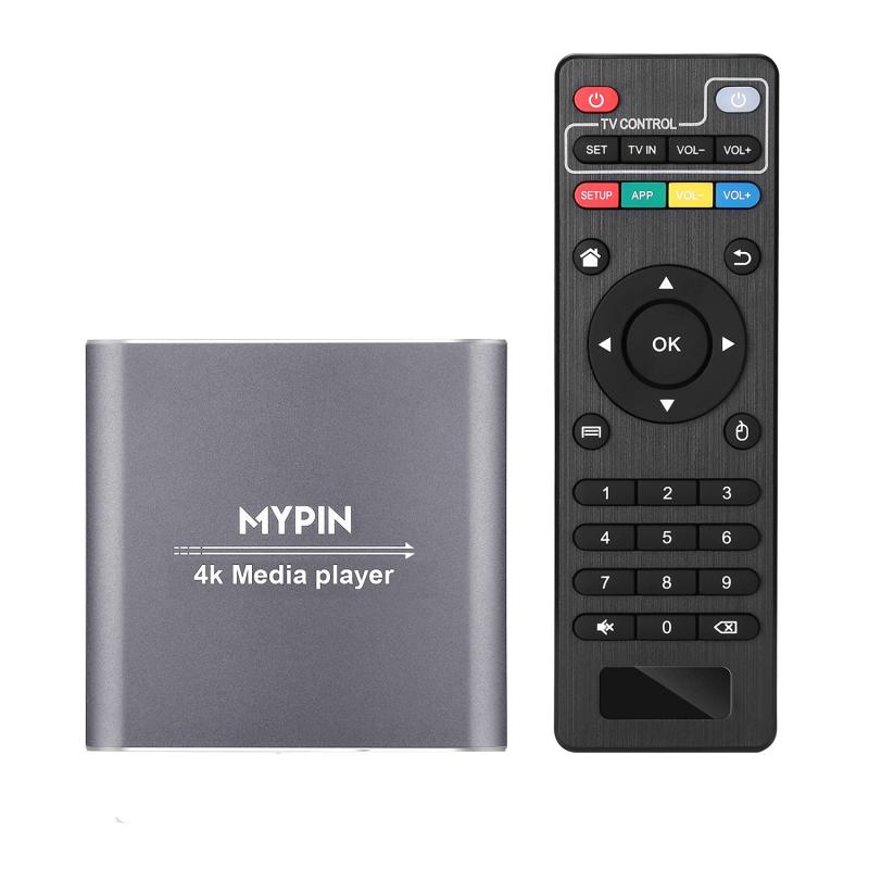 MYPIN リモコン付き4Kメディアプレーヤー、8TB HDD/USBドライブ/TFカード/H.265 MP4 PPT MKV AVI対応 HDMI/AV/光出力とUSBマウス/キーボード-HDMI最大7.1サラウンド対応