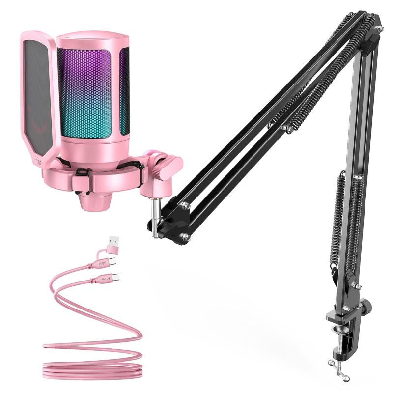 FIFINE コンデンサーマイク RGBライティング カーディオイド指向性 プラグ＆プレイ USB-C→USB-Aケーブル付き ワンタッチミュート YouTube Skype Discord Zoom 録音 ゲーム実況 ボイズチャット ライブ配