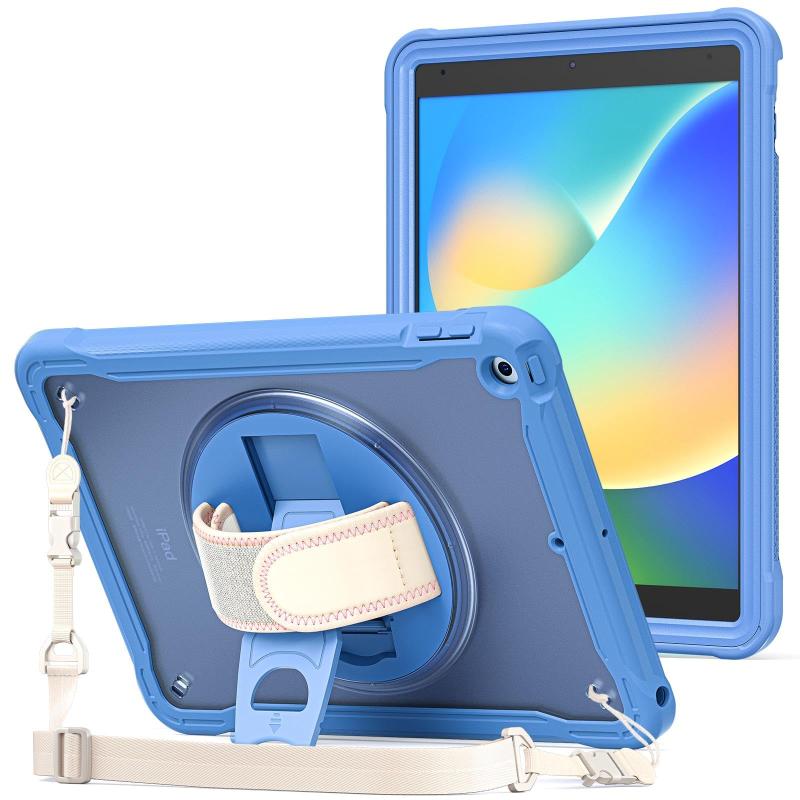 ProCase iPad 9/8/7 ショルダーケース 10.2”肩掛け式 子供用 耐衝撃 半透明カバー ペン収納 360°回転スタンド 手首付き 3層保護
