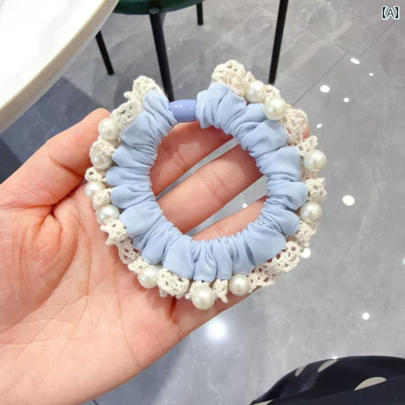 ヘアゴム 接触冷感素材 レース縁 シーソルトブルー パール付き 小型ドーナツ型 柔...