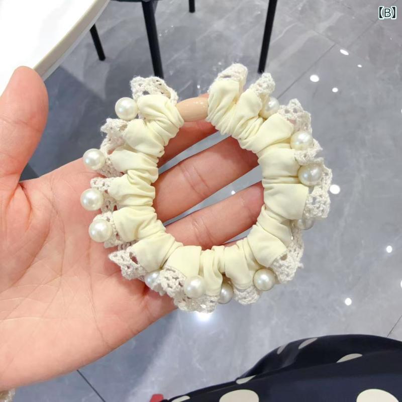 ヘアゴム 接触冷感素材 レース縁 シーソルトブルー パール付き 小型ドーナツ型 柔...