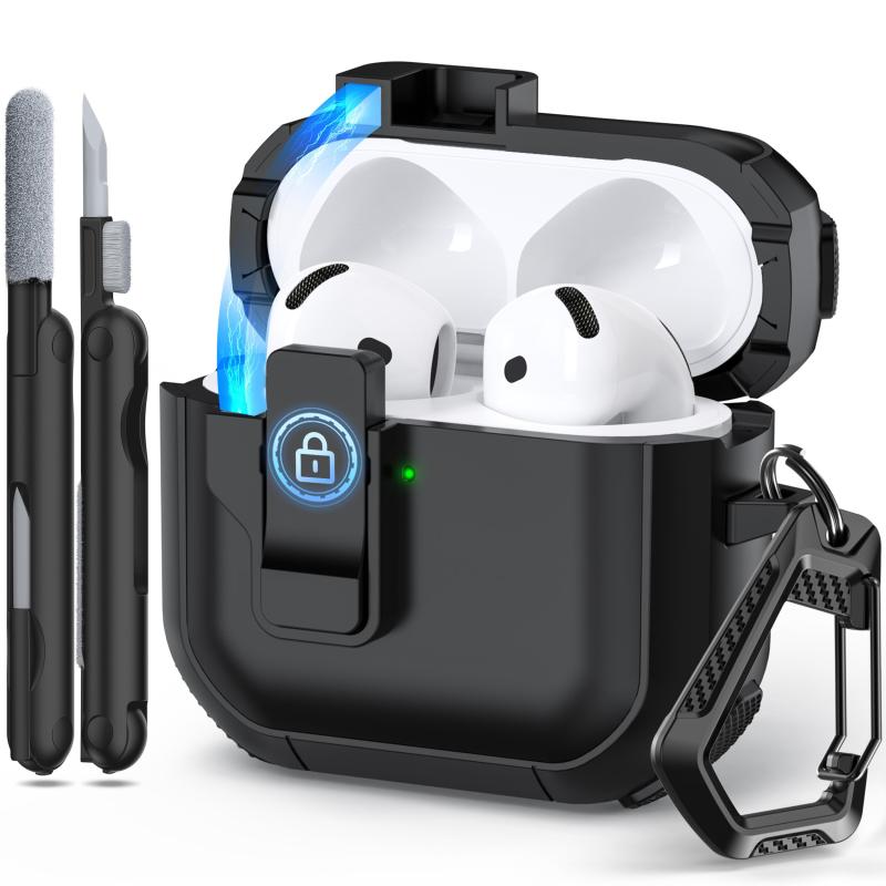 RFUNGUANGO AirPods 第 4 世代保護ケース、AirPods 第 4 世代保護ケース (2024) と互換性あり、強力な落下防止、自動開閉シリーズ、クリーニングツール付き