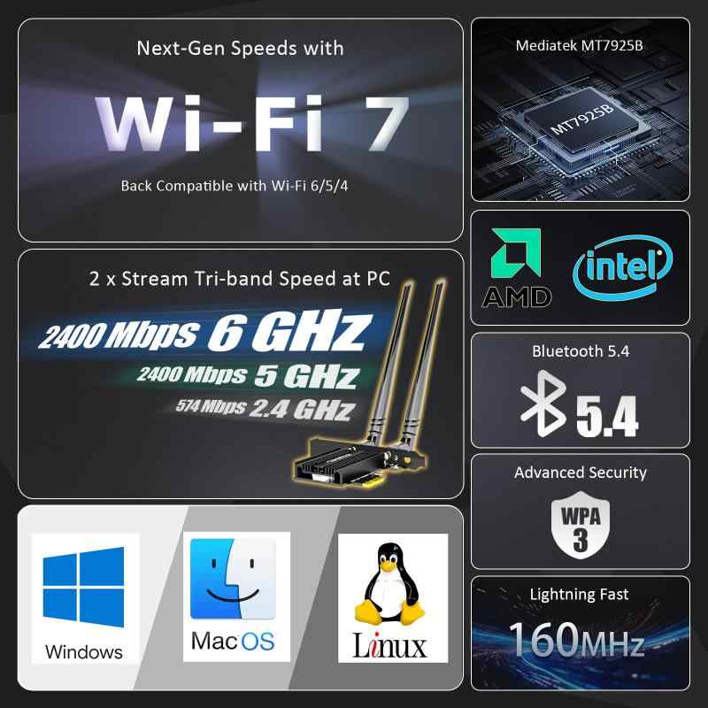 GLOTRENDS BE6500 WiFi 7 PCIe WiFiカード（デスクトップ用）AMD/IntelデスクトップPC対応 MT7925Bコントローラー搭載 Bluetooth 5.4 Windows 11/Linux/macOS互換
