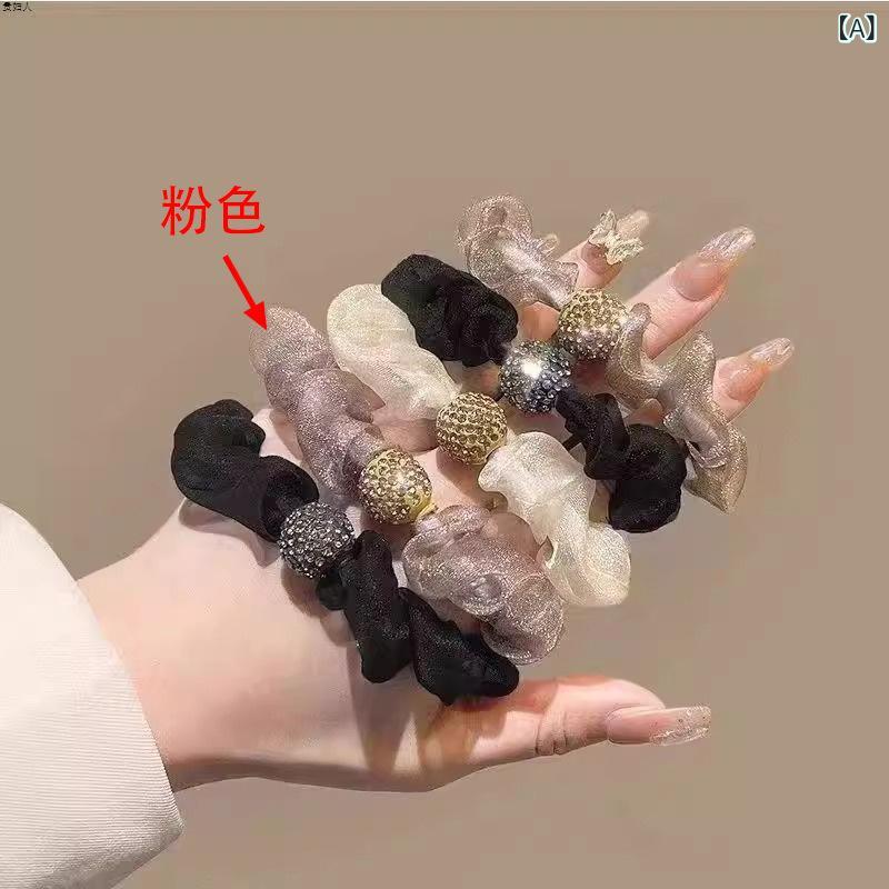 ヘアゴム 女性用 高弾力 ラインストーン チュール メッシュ 髪飾り 高級感 伸縮性 スタイリッシュ 普段使い 軽量 髪アクセサリー