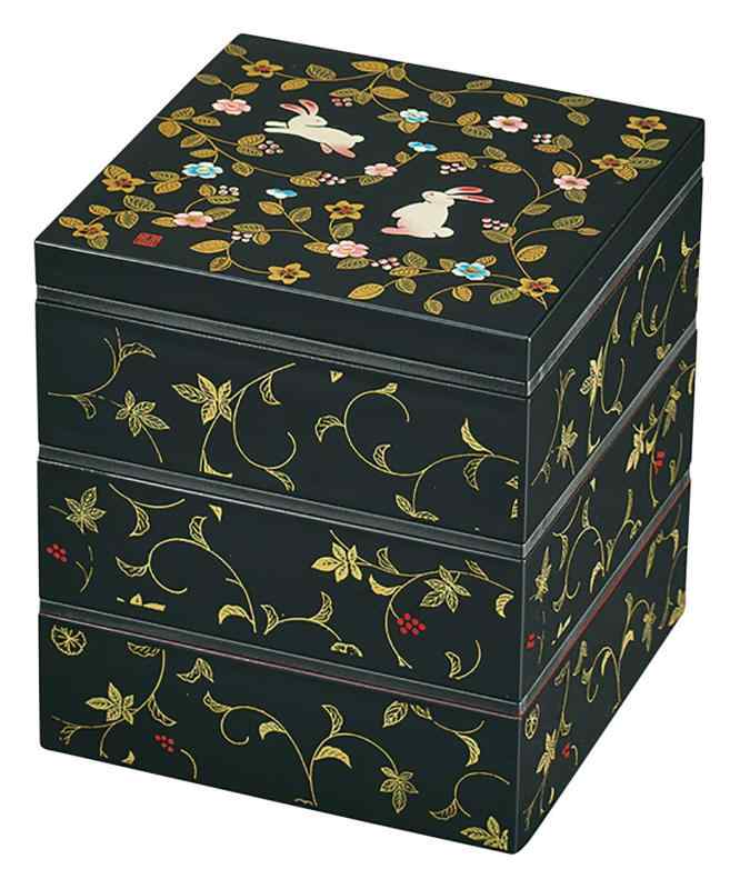 山中塗 花の小路 三段角重 (タッパ付) 黒