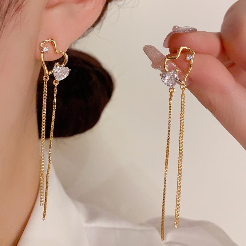 Turquoise - イヤリング ロング フリンジ デザイン ジルコニア ハート モチーフ 上品 高級感 女性用 アクセサリー ユニーク ファッション 軽量 日常使い