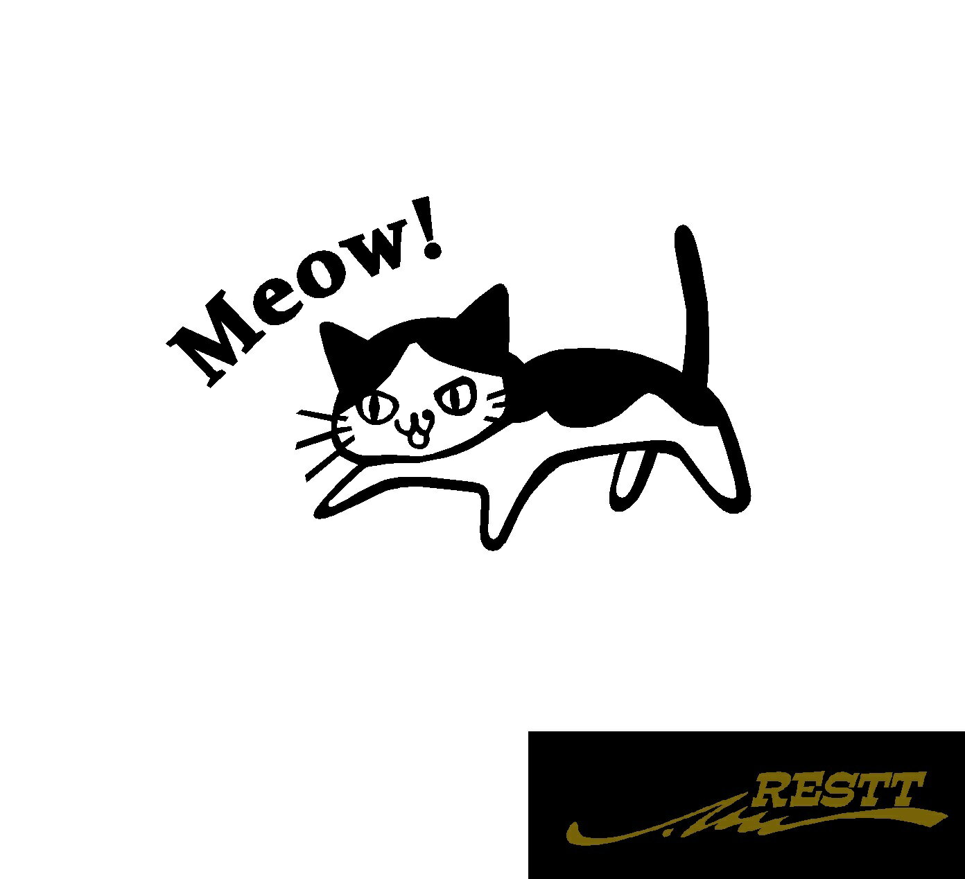 ハチワレ　ネコ　Meow!　イラスト　ロゴ　文字　カッティングステッカー　大サイズ　自動車　バイク　スポコン　スポーツカー　はちわれ　ねこ　かわいい　デザイン