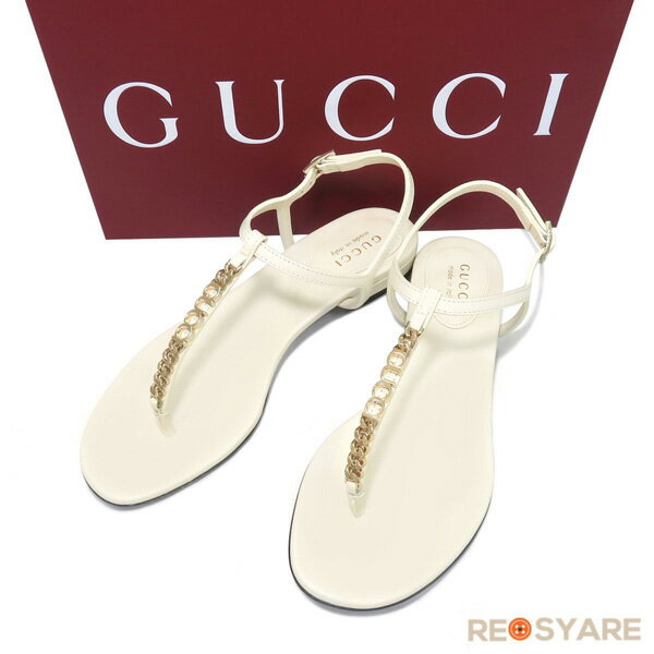 【新品未使用】GUCCI グッチ 現行品 ロゴ チェーン フラット サンダル ストラップ サイズ38 アイボリー 国内正規品 付属品あり 47351【中古】