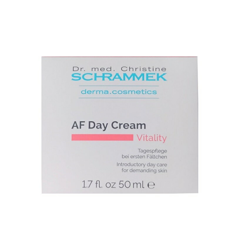 商品名内容量 シュラメック AFデイクリーム 50ml メーカー・製造 Dr. med. Christine Schrammek Kosmetik（シュラメック化粧品）ドイツ 輸入者 有限会社ウェイウェイ貿易 区分 化粧品 成分 水、BG、グリセリン、アボガド油、セテアリルアルコール、ホホバ種子、エチルヘキサン酸セテアリル、スクワラン、酢酸トコフェロール、ブドウ種子油、セテアリルグルコシド、ナイアシンアミド、ジメチコン、キサンタンガム、ブドウ種子エキス、イリス根エキス、パルミチン酸レチノール、スイカ果実エキス、エタノール、アシアチコシド、クロレラエキス、マデカシン酸、アシアチン酸、クエン酸Na、テトラヘキシルデカン酸アスコルビル、レシチン、トコフェロール、ユビキノン、バルミチン酸アスコルビル、ステアリン酸グリセリル、オレイン酸グリセリル、トリ(カプリル酸/カプリン酸)グリセリル、フェノキシエタノール、エチルヘキシルグリセリン、安息香酸Na、ソルビン酸、アジピン酸ジイソプロピル、香料、赤227 注意事項 シュラメック社製品は肌に対する安全性については充分な注意を払い、通常の使用においては刺激やトラブルが起きることのないよう製造されています。 しかし、まれに使用する方の体質や体調、季節や年齢などによって、使用中または使用後にほてり、かゆみ、赤み、痛み、腫れなどの異常が一時的に現れることがあります。 このような場合は、症状の悪化を防ぐために直ぐにご使用を中止してください。 何卒ご理解いただき、ご購入下さいませ。 広告文責 retail 050-5273-2853送料無料　シュラメック AFデイクリーム 50ml 【AFデイクリーム 50ml】 30代からの日中用クリーム 配合成分アイリスイソフラボンエキスやクロレラエキスなど、植物エキスが年齢肌の変化をサポートするデイクリームです。 【シュラメック アクティブフューチャーデイクリーム】 朝・晩、ローションで肌を整えた後、適量を顔全体になじませます。 セラム、ナイトクリームと併用することをオススメします。 シュラメックドクターズコスメに配合されるハーブエキスは200種類以上あり、採取時期や風土によって、若干香りやテクスチャー、色味などが変わることがございます。 何卒ご理解いただき、ご購入くださいませ。