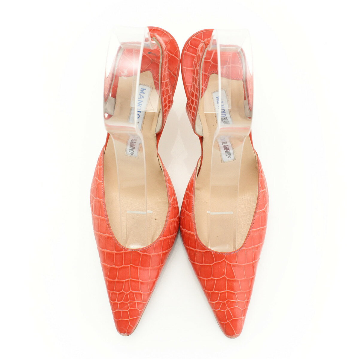 【マノロ ブラニク】Manolo Blahnik　クロコ バックストラップ ポインテッドトゥ パンプス ピンク 37 1/2 【中古】【鑑定済・正規品保証】【送料無料】30983