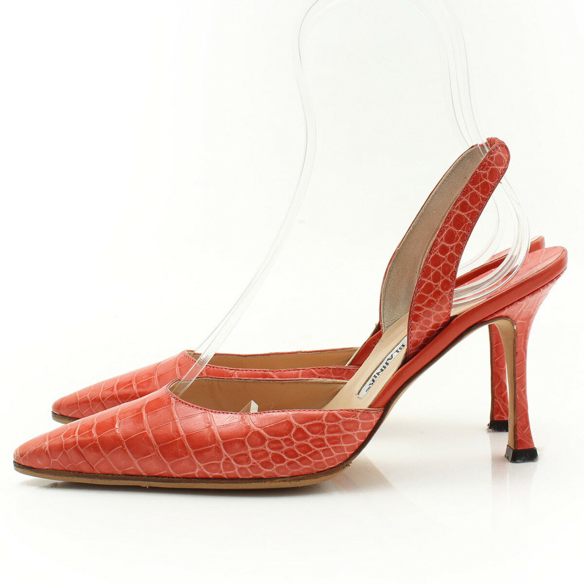 【マノロ ブラニク】Manolo Blahnik　クロコ バックストラップ ポインテッドトゥ パンプス ピンク 37 1/2 【中古】【鑑定済・正規品保証】【送料無料】30983