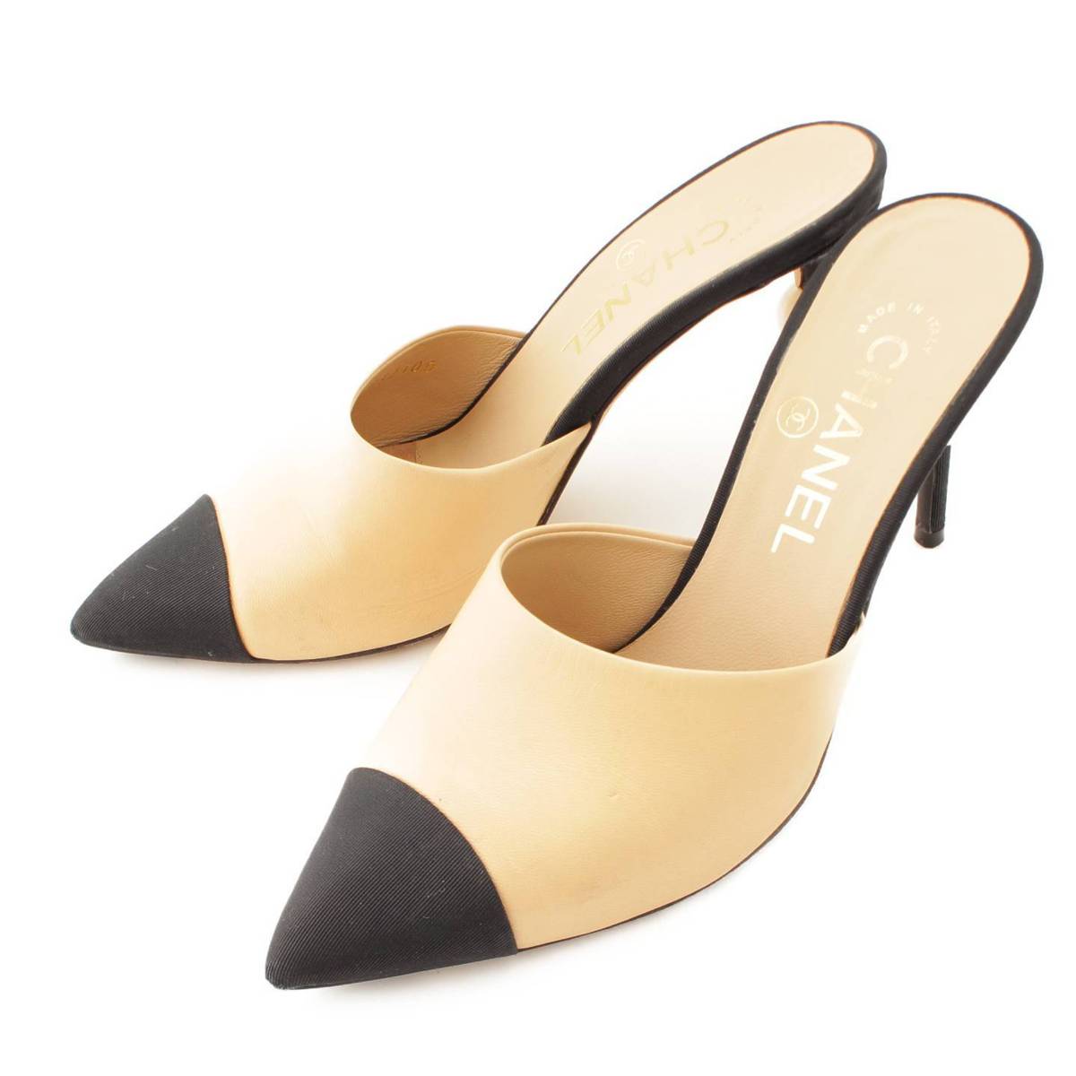 【シャネル】Chanel　パールヒール パンプス ミュール ベージュ ブラック 35 1/2 【中古】【鑑定済・正規品保証】86828のサムネイル