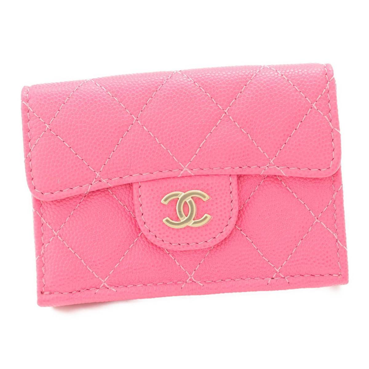 【シャネル】Chanel　ココマーク キャビアスキン ミニウォレット 折り財布 ピンク 26番台 未使用【中古】【鑑定済・正規品保証】90629のサムネイル