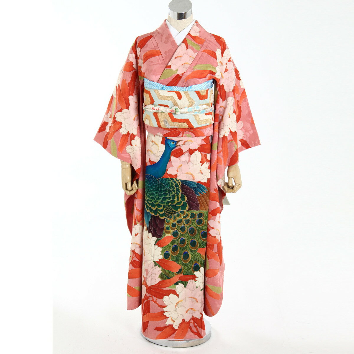 振袖 着物 五つ紋 花柄模様 ピンク系(帯別売り) 【中古】【鑑定済・正規品保証】【送料無料】7923
