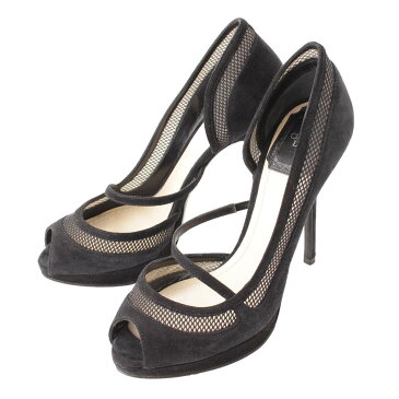 【クリスチャン ディオール】Christian Dior スエード メッシュ オープントゥ パンプス ブラック 35 1/2 【中古】【鑑定済・正規品保証】116461