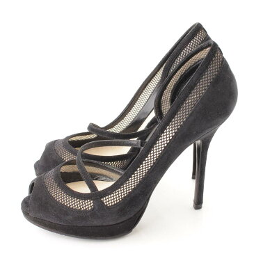 【クリスチャン ディオール】Christian Dior スエード メッシュ オープントゥ パンプス ブラック 35 1/2 【中古】【鑑定済・正規品保証】116461