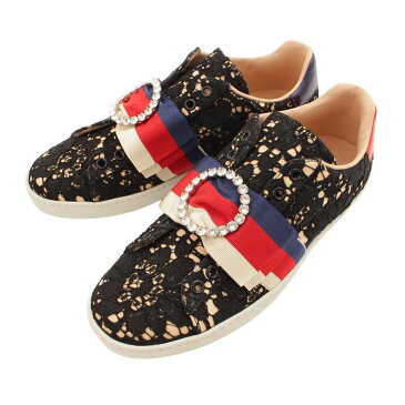 【グッチ】Gucci ACE レース ラインストーン ビジュー リボン スニーカー 498705 ブラック 38 【中古】【鑑定済・正規品保証】126666