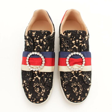 【グッチ】Gucci ACE レース ラインストーン ビジュー リボン スニーカー 498705 ブラック 38 【中古】【鑑定済・正規品保証】126666