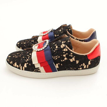 【グッチ】Gucci ACE レース ラインストーン ビジュー リボン スニーカー 498705 ブラック 38 【中古】【鑑定済・正規品保証】126666