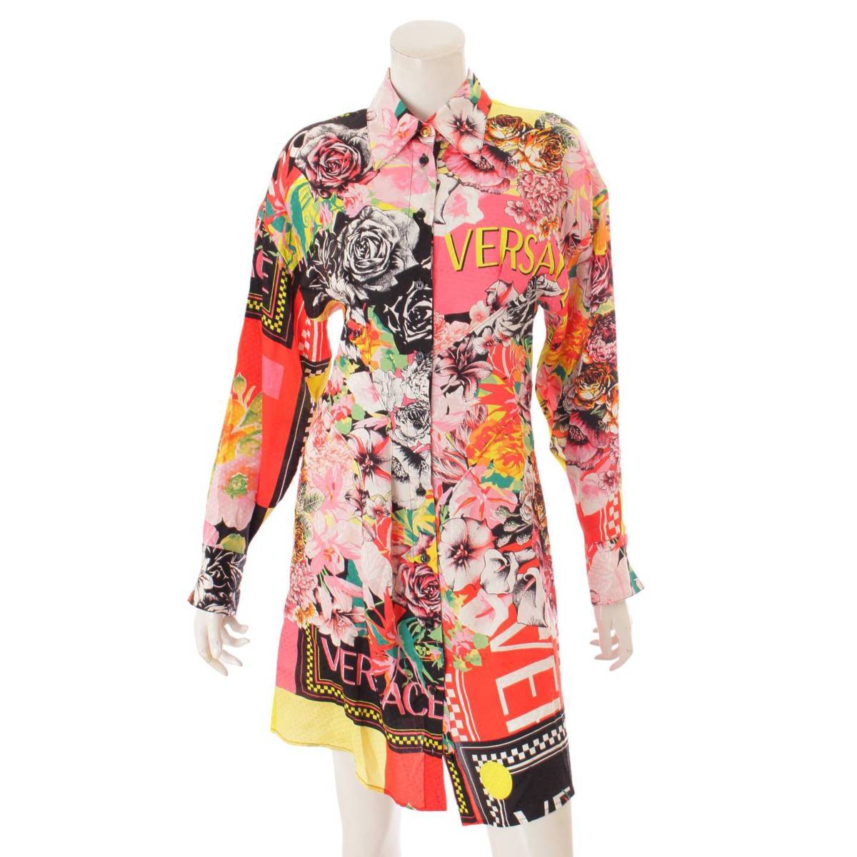 【ヴェルサーチ】Versace　シルク メデューサボタン シャツ ワンピース 花柄 総柄 マルチカラー 38 【中古】【鑑定済・正規品保証】124786