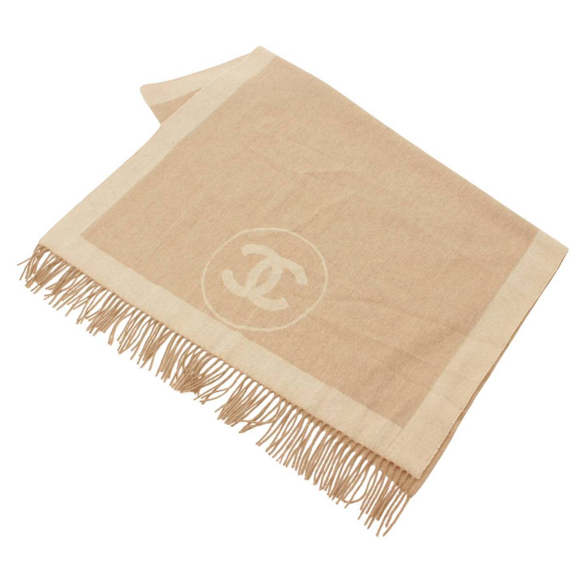 【シャネル】Chanel　ココマーク カシミヤ 大判ストール フリンジ ベージュ 【中古】【鑑定済・正規品保証】129026のサムネイル