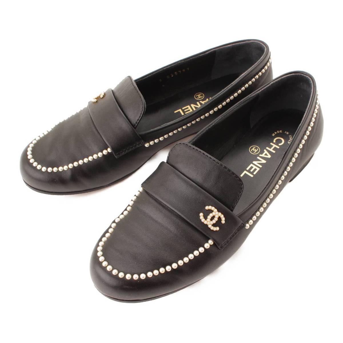 【シャネル】Chanel　20P ココマーク ラムスキン パール ローファー G35797 ブラック 38C 【中古】【鑑定済・正規品保証】138322のサムネイル