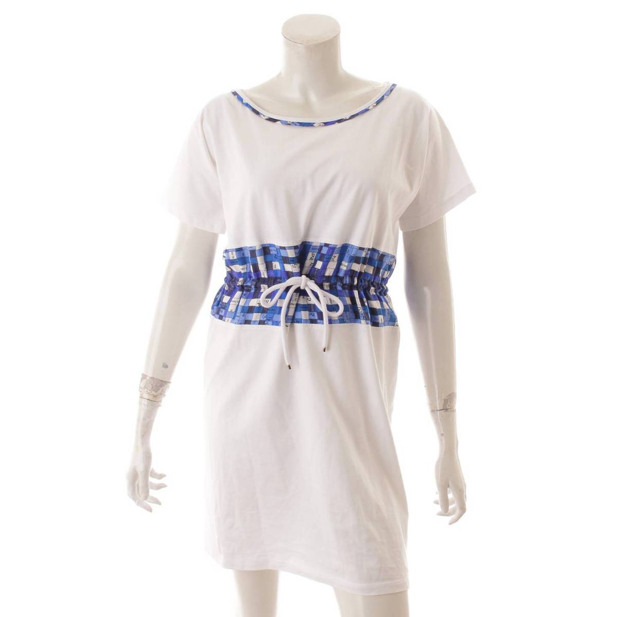 エルメス Hermes　半袖 Tシャツ コットン ワンピース スカーフドッキング ホワイト×ブルー 34 【中古】 【鑑定済・正規品保証】 146174のサムネイル