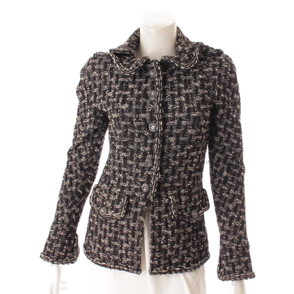【シャネル】Chanel　ココマーク ウール コットン ツイード ジャケット P46687 ブラック 34 【中古】【鑑定済・正規品保証】150505のサムネイル