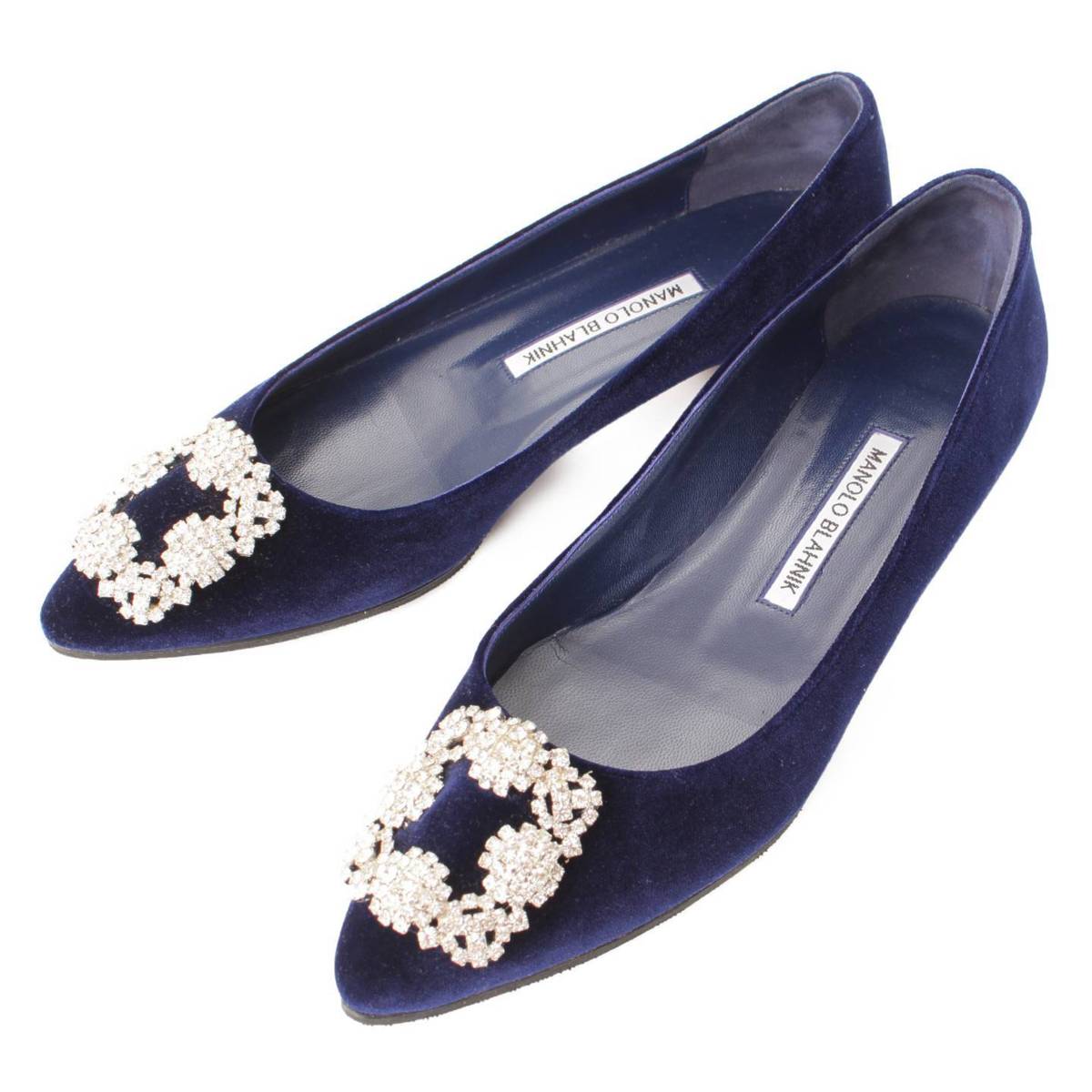 【マノロ ブラニク】Manolo Blahnik　Hangisi ハンギシ ビジュー バックル ベロア フラット パンプス ネイビー 37 【中古】【鑑定済・正規品保証】160176のサムネイル