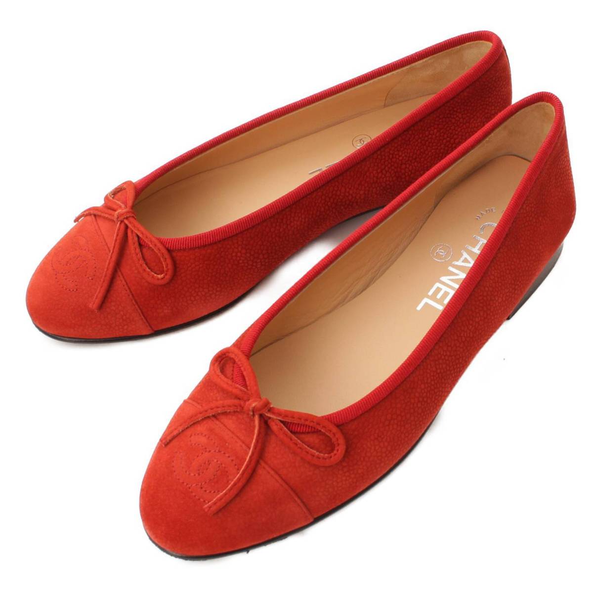 【シャネル】Chanel　ソフトキャビアスキン バレリーナ フラットパンプス G02819 レッド 36C 【中古】【鑑定済・正規品保証】168366のサムネイル