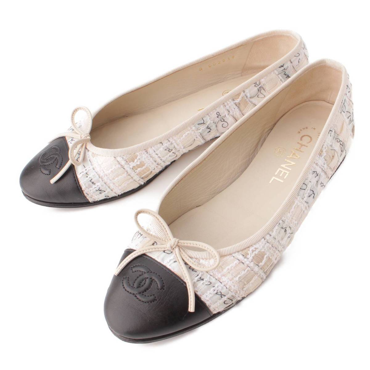 【シャネル】Chanel　22C ココマーク ツイード フラット パンプス レザー G02819 ベージュ×ブラック 38 【中古】【鑑定済・正規品保証】171027のサムネイル
