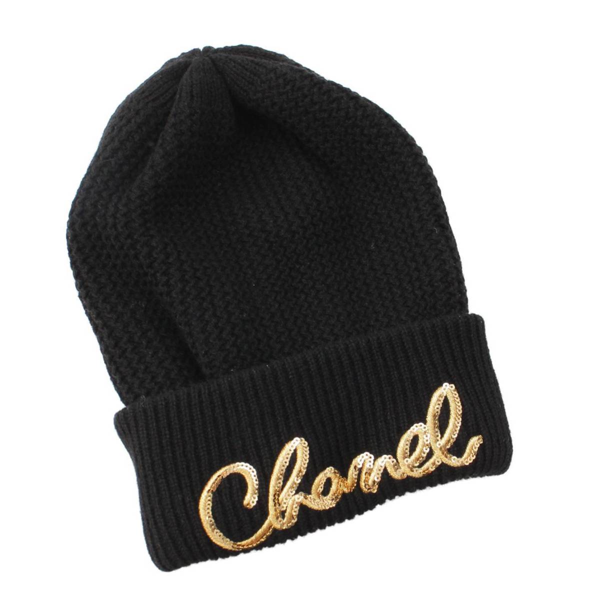 【シャネル】Chanel　ロゴ刺繍 スパンコール カシミヤ ニットキャップ 帽子 ブラック 【中古】【鑑定済・正規品保証】177619のサムネイル